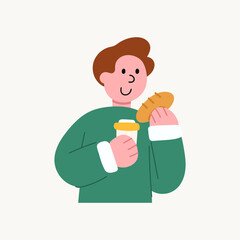 Cartoon illustration of a man holding coffee and bread. Breakfast and lifestyle concept.