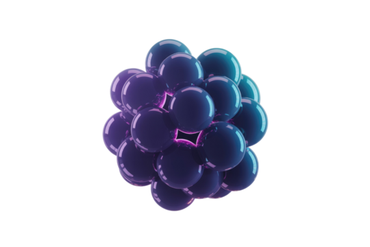 A cluster of glossy, vibrant purple and teal spheres forms a captivating, abstract pattern against a transparent background. background removed