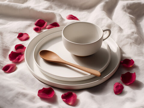 High-definition, high-resolution photograph of a set of white ceramic dinnerware&mdash;a plate, bowl, and cup&mdash;on a white linen tablecloth. A single hand-carved wooden spork rests on the plate, with a scatte