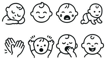 Baby expressions and activities linear icon set. featuring sleeping, smiling, crying, crawling, clapping, yawning symbols
