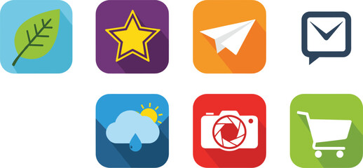 App icon set with colorful square designs, vector symbols for nature, messaging, weather, photography, shopping, rating, and communicationApp icon set with colorful square designs, vector symbols for 