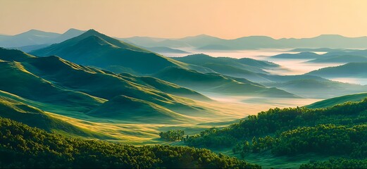 Panoramic View of Rolling Mountains and Valleys in Morning Light