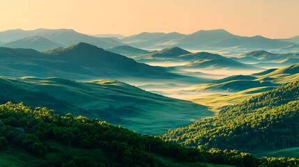 Obraz premium Valley and Layered Mountains Under Morning Sunlight Natural Landscape