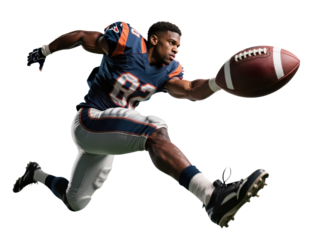 A muscular football player in a blue and orange uniform leaps to catch the ball.