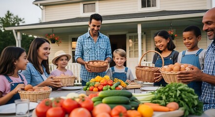 Family enjoying fresh food and togetherness outdoors.