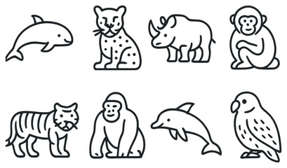 Wild animals linear icons set. featuring dolphin, leopard, rhino, monkey, tiger, gorilla, and parrot