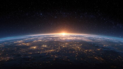 Earth rising, sunrise view from space.  Vast expanse of planet with city lights, clouds, and a brilliant sunrise