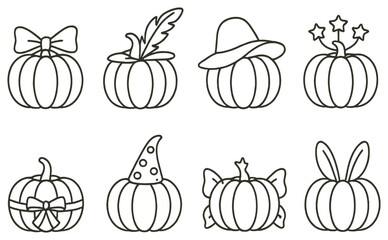 Halloween linear icons set. featuring pumpkin, bow, feather, witch hat, stars, ribbon, polka dot hat, ears