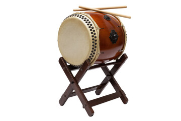 A Japanese taiko drum, brown with beige head, on a wooden stand, with drumsticks. background removed