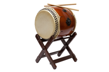 A Japanese taiko drum, brown with beige head, on a wooden stand, with drumsticks. background removed