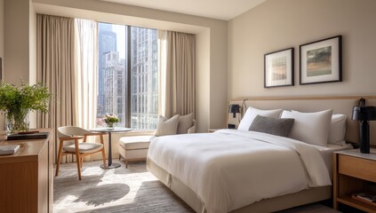 Modern hotel room with city views.  Natural light streams into a bright, minimalist bedroom.  Beige walls, light wood furnishings, and a large window offer panoramic cityscape views.