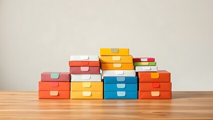 Colorful package boxes neatly stacked on a wooden table, showcasing modern packaging design.
