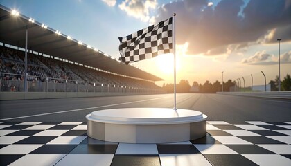 Racing winner podium with checkered flags at empty motorsport stadium during sunset