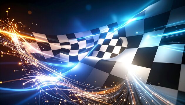 Glowing checkered racing flag with neon lights on a futuristic racetrack at night