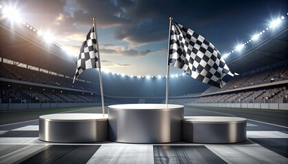 Racing winner podium with checkered flags at empty motorsport stadium during sunset