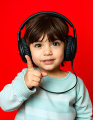 Little girl in headphones pointing at herself on red background, 8k. isolated with white highlights