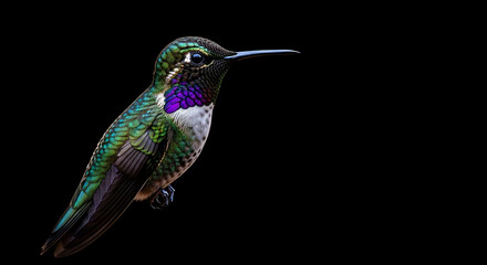 Fototapeta premium A vibrant hummingbird with iridescent green and purple plumage perched against a dark, minimalist background.