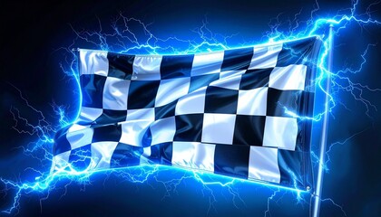 Electric checkered racing flag with glowing blue lightning and high-energy background