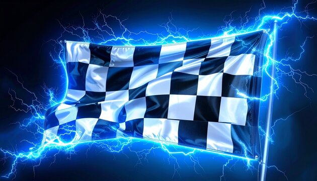 Electric checkered racing flag with glowing blue lightning and high-energy background