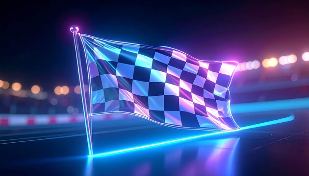 Glowing checkered racing flag with neon lights on a futuristic racetrack at night