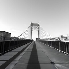 Fototapeta premium Black and white view of a cable suspension bridge with a pedestrian walkway.
