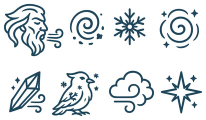 Elements linear icon set. featuring wind, swirl, snowflake, crystal, bird, cloud, and star symbols