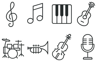 Music instruments linear icon set. featuring treble clef, note, piano, guitar, drums, trumpet, violin, microphone