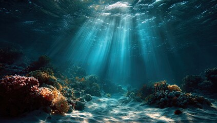 Obraz premium Sunlight beams through turquoise water, illuminating a vibrant coral reef