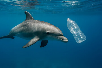 Fototapeta premium Marine pollution is a problem caused by human activities, a dolphin is holding a plastic bottle. The dolphin may swallow the bottle cap, which can cause problems with its digestive system.