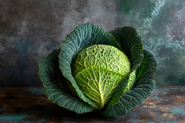 Obraz premium Savoy Cabbage: Close-up Photograph of a Single Head