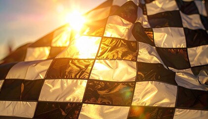 Checkered racing flag waving at sunset sky