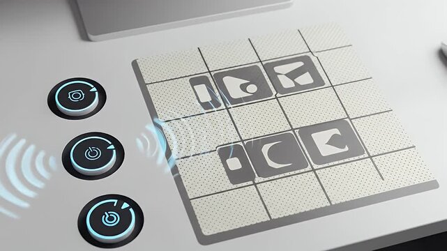 White-and-gray top-down scene with parameter knob icons; a fresh abstract grid refreshes on nudge, retaining crisp UI lines and zero microtext