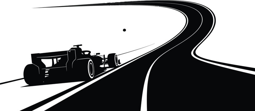 Formula one racing car on a winding road isolated on white background in a simple line drawing