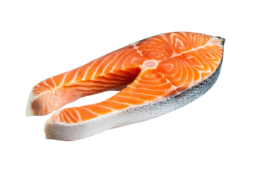 A fresh salmon steak, isolated on a transparent background, showcasing its vibrant orange flesh and flaky texture. background removed