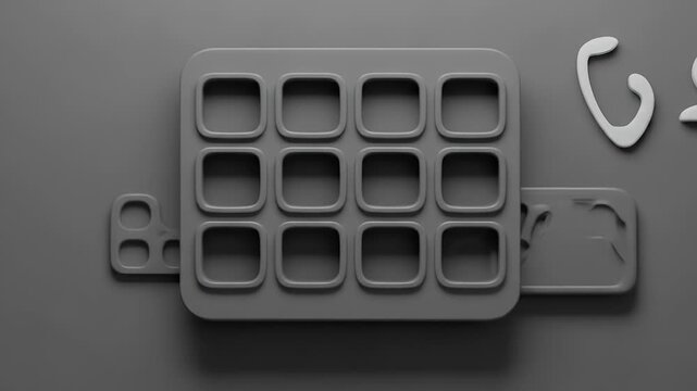 Top-down desk with icon preset chips; claymorphism buttons squish as a grid morphs, keeping the textless preview playful yet production-clean