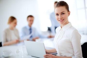 Obraz premium Caucasian female professional with laptop in modern office setting.