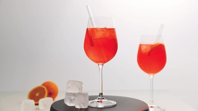 Aperol Spritz Cocktail, verziert mit Eisw&uuml;rfeln, einer frischen Orangenscheibe und einem stilvollen Trinkhalm. Die Szene wird in einer sanften 360-Grad-Drehbewegung im Uhrzeigersinn pr&auml;sentiert