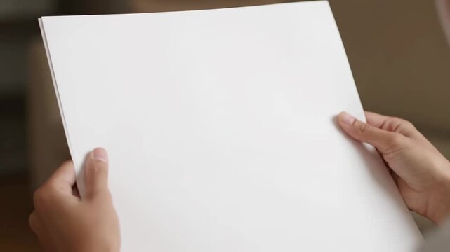 Hands Holding Blank A3 Paper - Close-up view of a person's hands holding a large, blank sheet of A3 paper. The paper is white and the background is blurred, providing copy space.