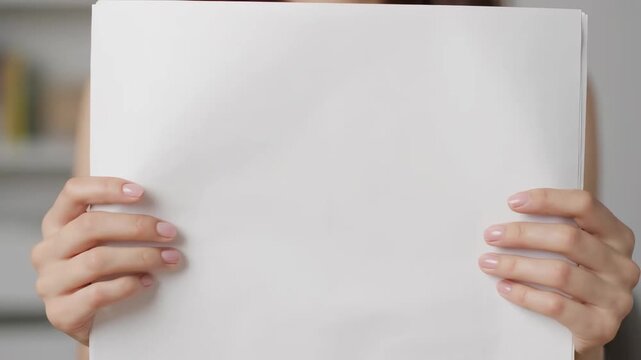 Woman's Hands Holding Blank A3 Paper - Close-up view of a woman's hands holding a large, blank sheet of A3 paper. The paper is white and provides ample space for text or graphics.