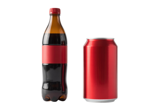 A dark soda bottle with a red label and a red soda can are isolated on a transparent background. background removed
