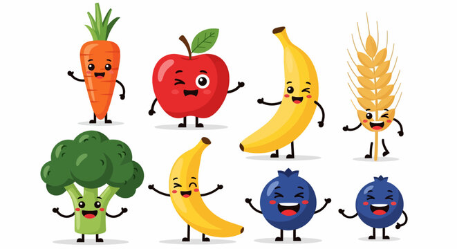 A cheerful collection of cute cartoon fruit and vegetable characters with happy, smiling faces and waving arms. - Powered by Adobe