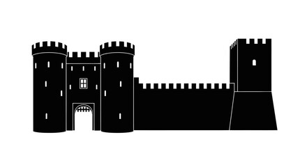 Silhouette of a Medieval Castle with Towers and Walls.
