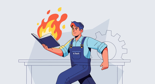 A determined male worker in blue overalls holding a burning book with powerful orange and yellow flames.