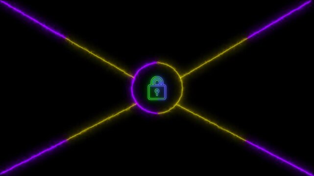 Futuristic Neon Lock Symbol Enclosed in a Circular Frame with Intersecting  Lines Against a Dark Background.