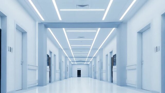 Modern, brightly lit hallway with multiple doors 4k video