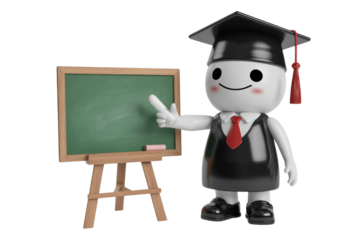A 3D rendered illustration of a graduate pointing at a blank chalkboard. background removed