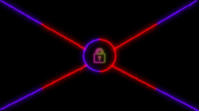 Futuristic Neon Lock Symbol Enclosed in a Circular Frame with Intersecting  Lines Against a Dark Background.