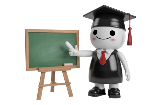 A 3D rendered illustration of a graduate pointing at a blank chalkboard. background removed