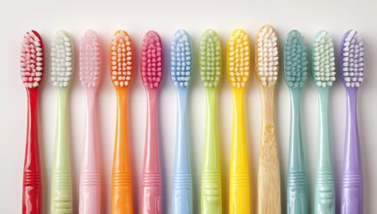 A Spectrum of Oral Care: A vibrant array of colorful toothbrushes, showcasing dental hygiene tools, inviting viewers into a world of cleanliness. 