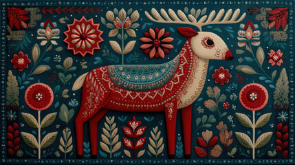 Fototapeta premium Vivid folk art textile featuring a decorative sheep motif with vibrant colors, handcrafted embroidery, and traditional patterns for rustic home decor and artistic appeal